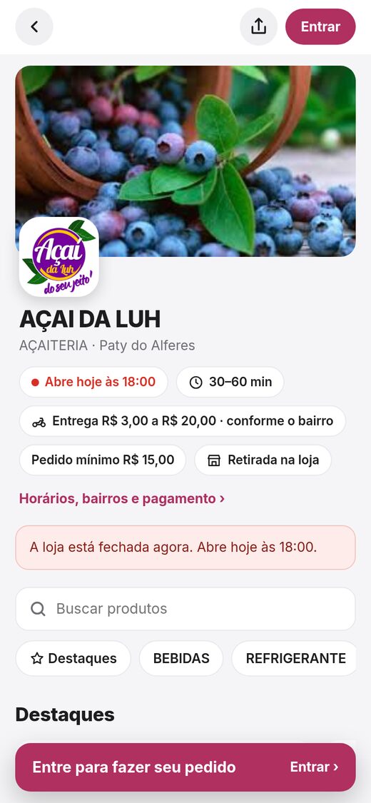 Página de delivery no celular