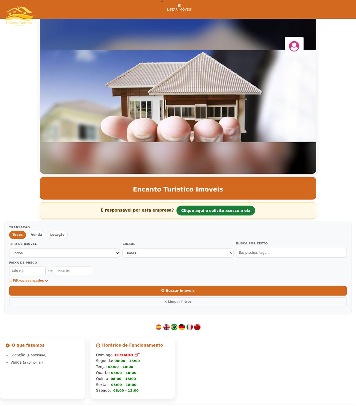 Página de uma imobiliária no guia com busca por filtros e imóveis em destaque