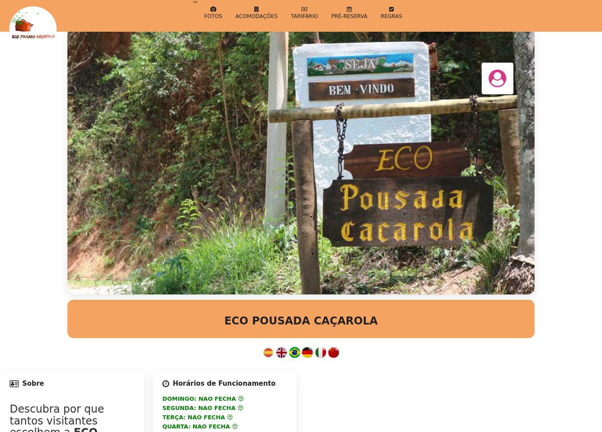 Página de uma pousada no guia com menu de fotos, acomodações, tarifário e pré-reserva