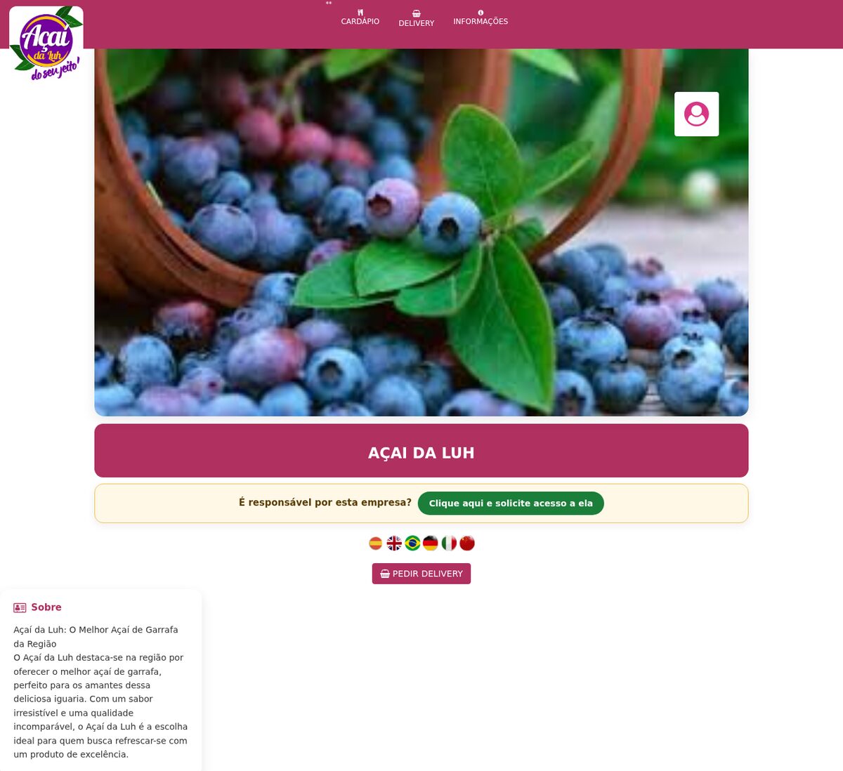 Página de uma açaiteria no guia com produtos, promoções e horários de entrega