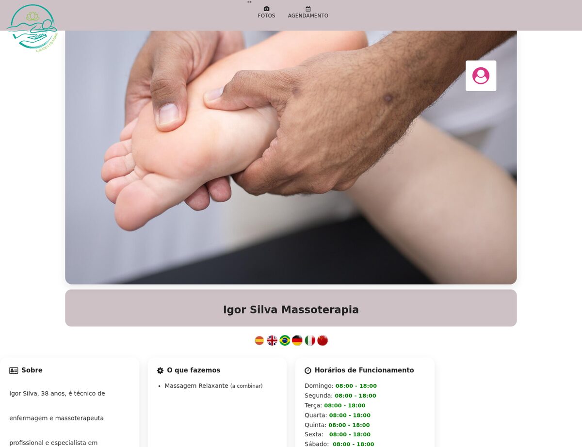 Página de um massoterapeuta com serviços, horários e agendamento